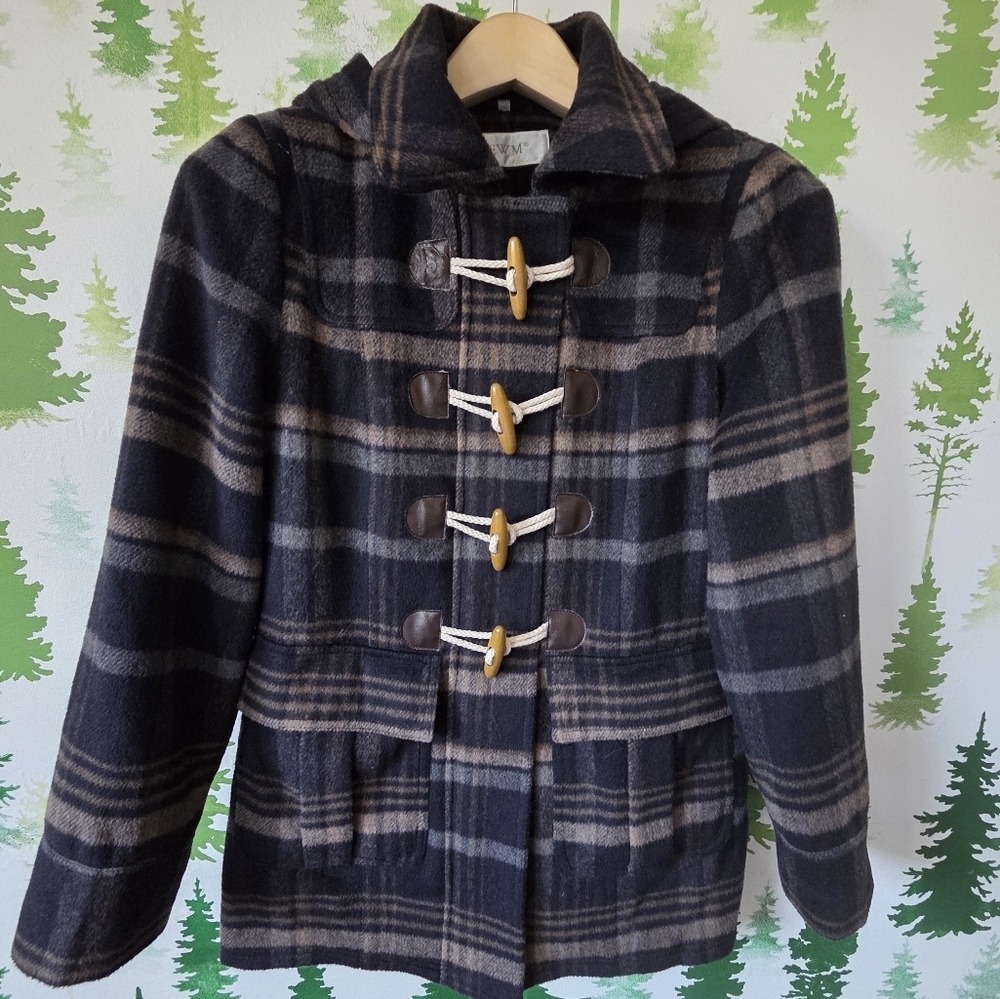 EWM Plaid Toggle Duffle Coat With Hoddie